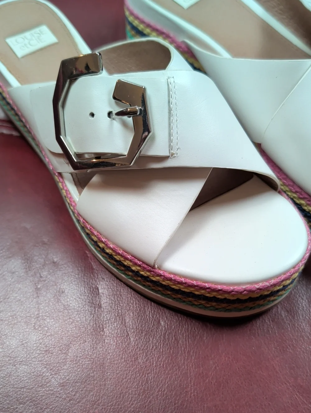 Louise et Cie White Leather Platform Slide Sandals with Rainbow 6.5
